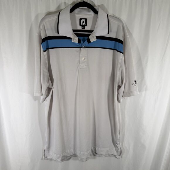 FootJoy Polo Men's Large White Blue Striped Short Sleeve Collared Stains - Picture 1 of 13